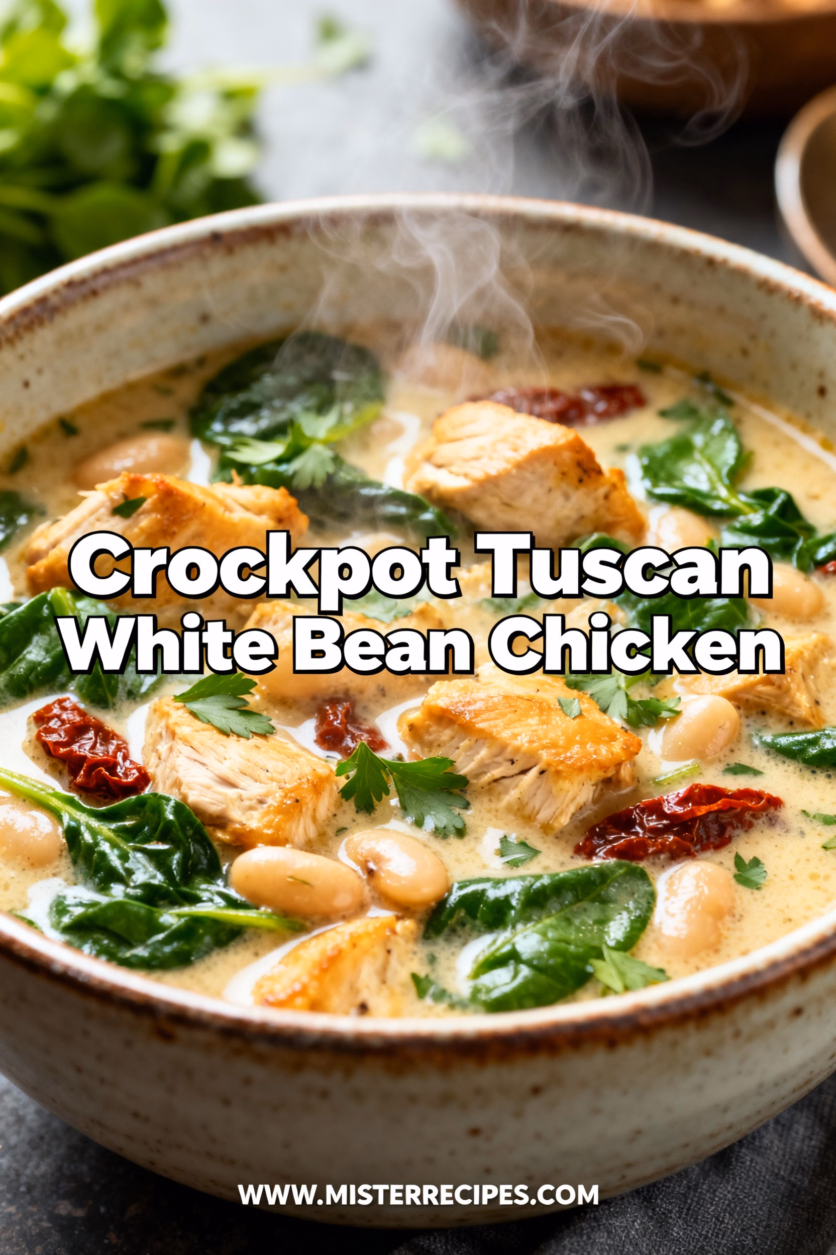 image of realistic creative image showing the ingredients of crockpot Tuscan White Bean Chicken with chicken breast cannellini beans sun dried tomatoes spinach garlic onion chicken broth heavy cream and Italian seasoning arranged aesthetically on a rustic wooden board with natural light