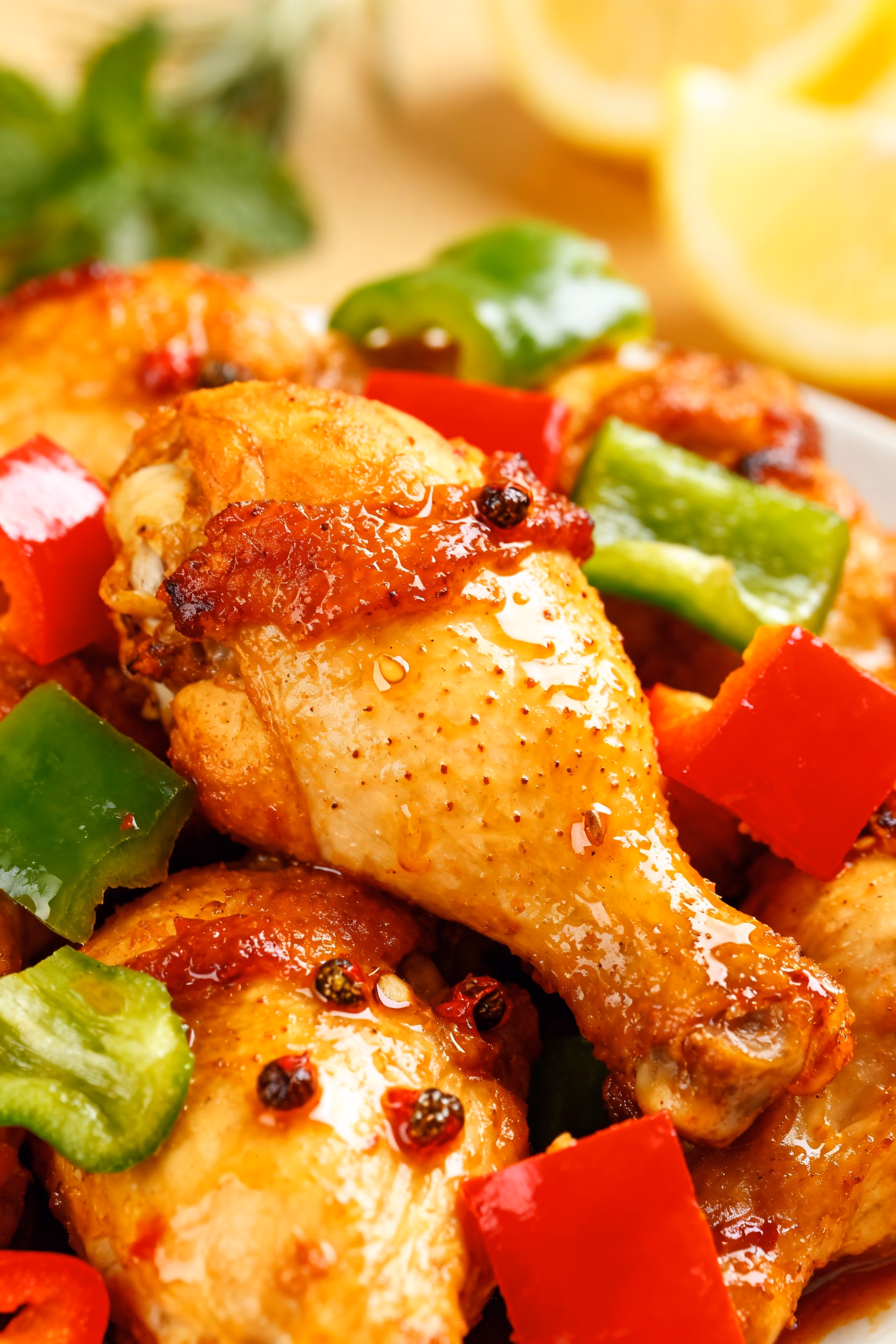 image of realistic top down mise en place shot showing sliced boneless skinless chicken breasts sliced red yellow orange green bell peppers peeled garlic cloves sliced onion bottle of cooking oil arranged on white marble kitchen counter with healthy clear glass bowls rustic brown wooden kitchen sets under soft diffuse daylight
