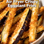 image of close up realistic shot of air fryer crispy eggplant fries ingredients laid out on a rustic wooden board natural soft lighting elegant composition