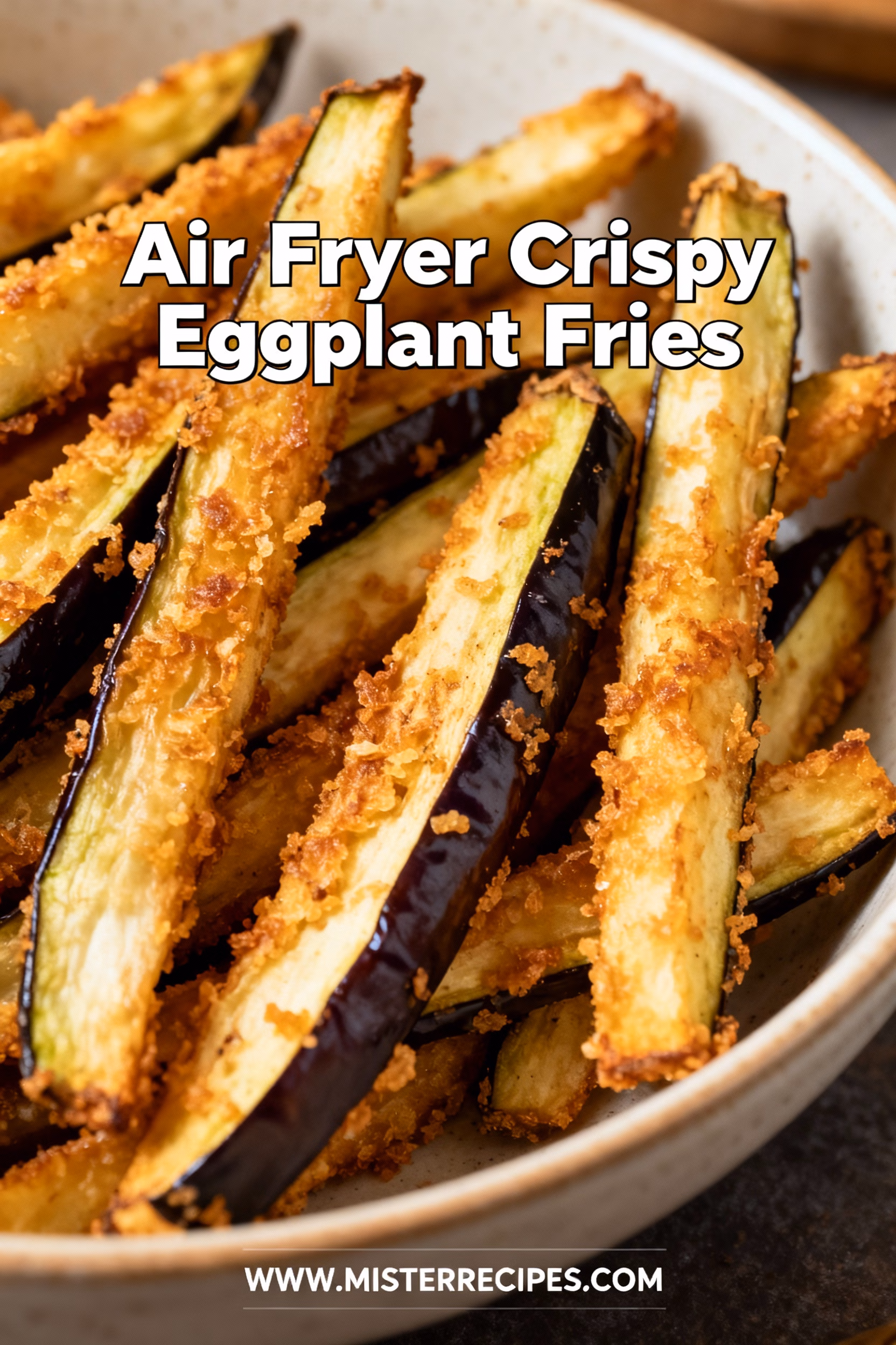 image of close up realistic shot of air fryer crispy eggplant fries ingredients laid out on a rustic wooden board natural soft lighting elegant composition