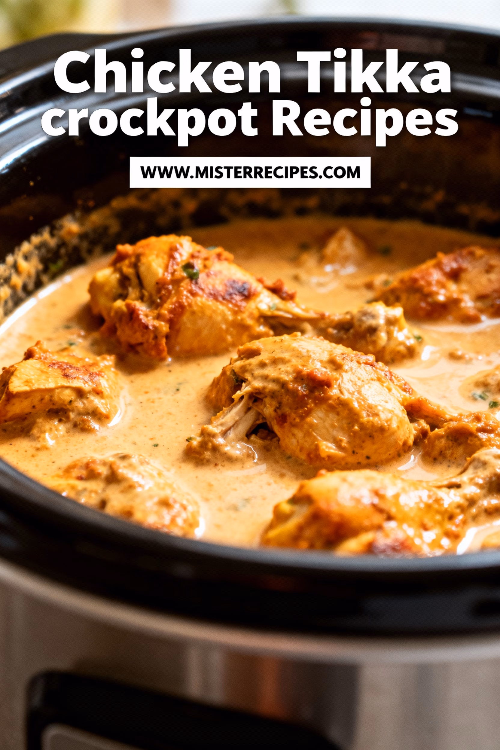 image of A flat lay of fresh ingredients for crockpot chicken tikka including chicken breasts diced tomatoes yogurt ginger garlic garam masala cumin turmeric chili powder and cilantro on a rustic wooden background with natural lighting