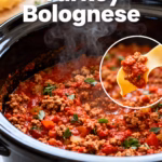 image of flat lay of fresh ingredients for turkey bolognese including ground turkey canned tomatoes onions garlic carrots celery herbs and pasta