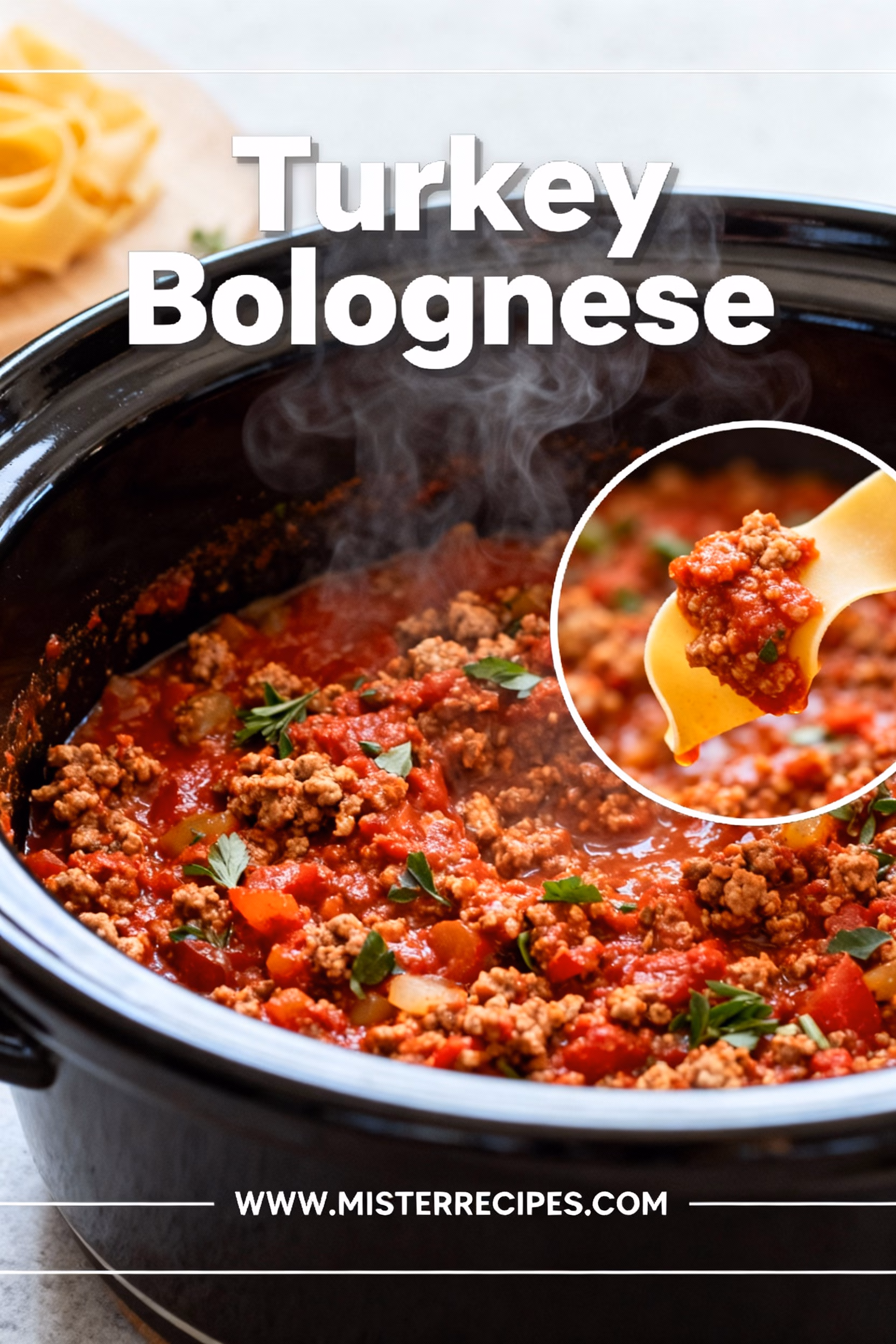 image of flat lay of fresh ingredients for turkey bolognese including ground turkey canned tomatoes onions garlic carrots celery herbs and pasta
