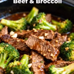 image of realistic and creative image showing the ingredients of Beef and Broccoli including thinly sliced beef broccoli florets soy sauce ginger garlic sesame oil cornstarch and a hint of red pepper flakes artfully arranged on a rustic wooden board with a sprinkle of fresh sesame seeds
