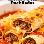 image of a top down mise en place shot showing the fresh ingredients for cheesy ground beef enchiladas arranged on a white marble kitchen counter with healthy clear glass bowls and rustic brown wooden kitchen sets under soft diffuse daylight