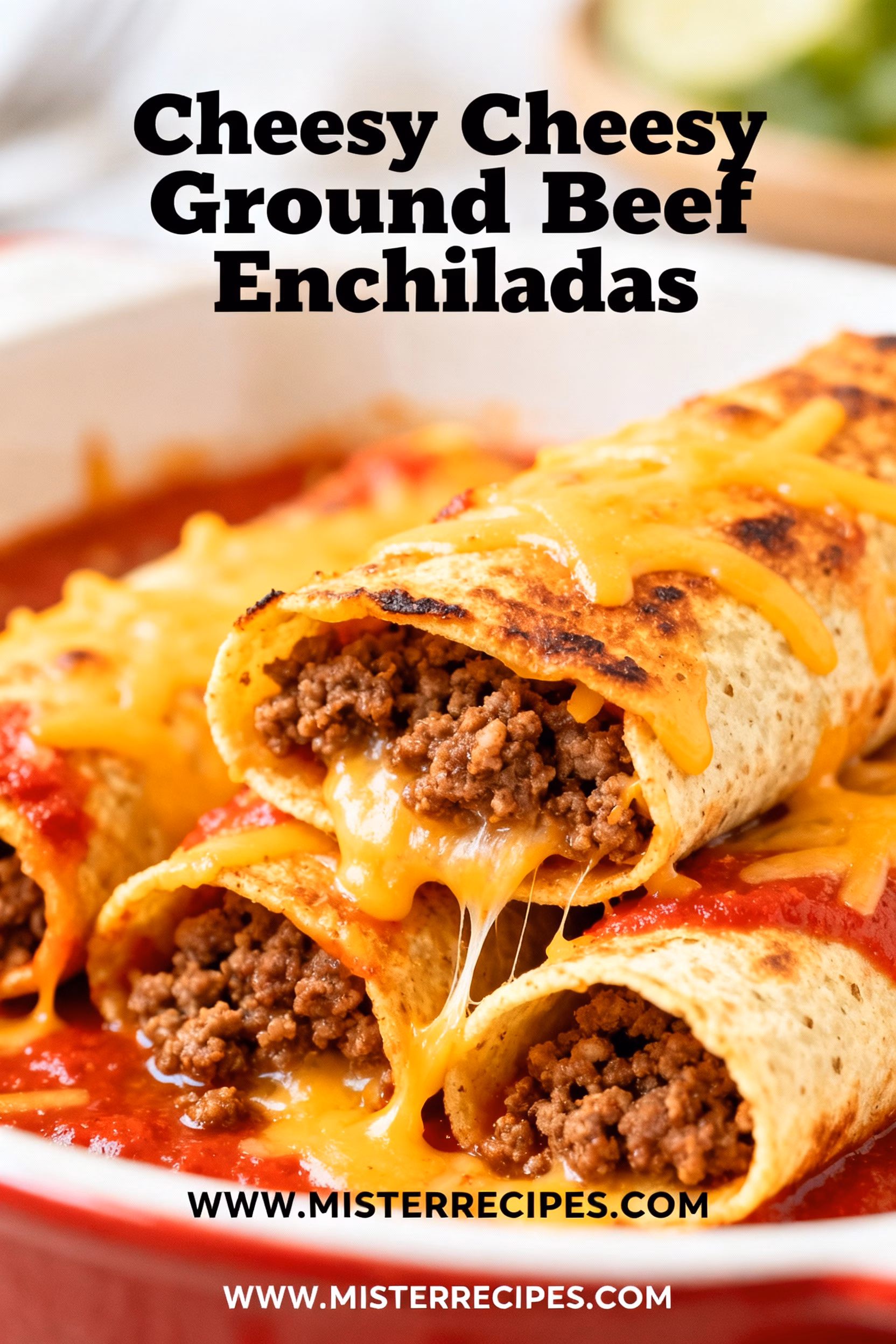 image of a top down mise en place shot showing the fresh ingredients for cheesy ground beef enchiladas arranged on a white marble kitchen counter with healthy clear glass bowls and rustic brown wooden kitchen sets under soft diffuse daylight