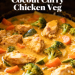 image of a close up shot of a flat lay mise en place for coconut curry chicken veg crockpot with fresh ingredients arranged on a white marble kitchen counter healthy clear glass bowls and rustic brown wooden kitchen sets under soft diffuse daylight with a creamy coconut milk a variety of colorful vegetables such as chopped bell peppers zucchini carrots and spinach boneless skinless chicken thighs aromatic spices like curry powder turmeric ginger and cumin fresh garlic and onions cilantro and a lime cut into wedges