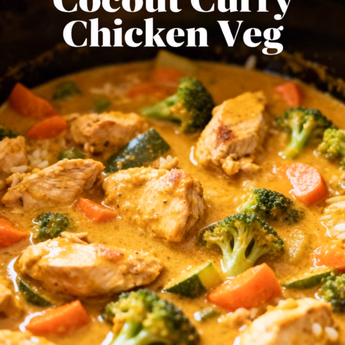 image of a close up shot of a flat lay mise en place for coconut curry chicken veg crockpot with fresh ingredients arranged on a white marble kitchen counter healthy clear glass bowls and rustic brown wooden kitchen sets under soft diffuse daylight with a creamy coconut milk a variety of colorful vegetables such as chopped bell peppers zucchini carrots and spinach boneless skinless chicken thighs aromatic spices like curry powder turmeric ginger and cumin fresh garlic and onions cilantro and a lime cut into wedges