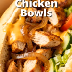 image of realistic top down mise en place shot showing the fresh ingredients for Philly Chicken Bowls arranged on a white marble kitchen counter with healthy clear glass bowls and rustic brown wooden kitchen sets under soft diffuse daylight