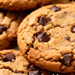 image of a flat lay photo of ingredients for brownie cookies including flour sugar cocoa powder eggs butter and chocolate chips neatly arranged on a rustic wooden surface with warm lighting