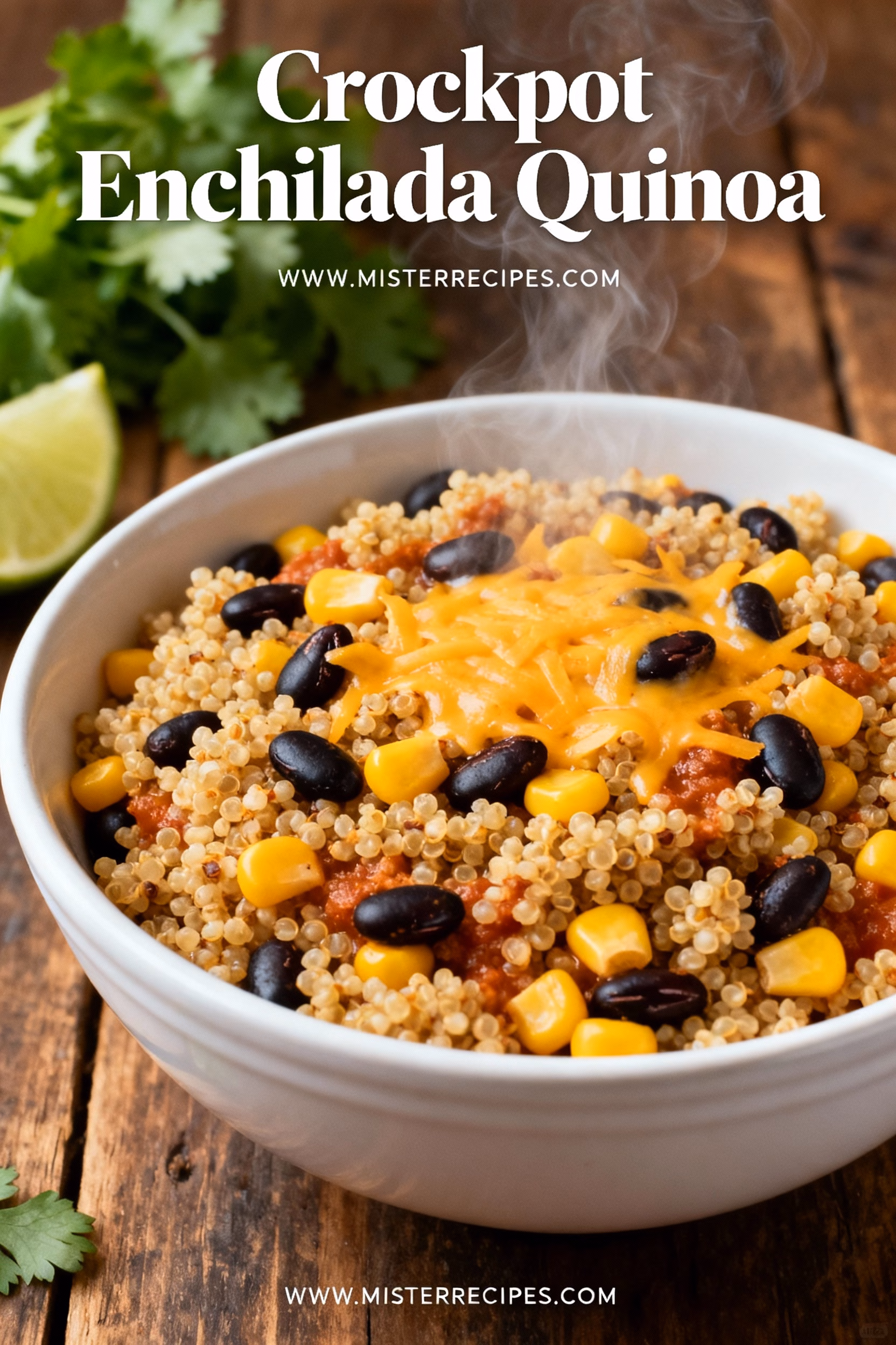 image of a flat lay photo of fresh ingredients for crockpot enchilada quinoa including uncooked quinoa red enchilada sauce corn black beans diced tomatoes onion garlic bell peppers chicken broth and spices like chili powder cumin and oregano arranged artfully on a rustic wooden background with a few fresh cilantro sprigs as garnish extremely realistic photo high resolution food photography studio lighting