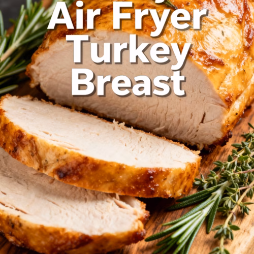 ingredients image of realistic and creative image showing the ingredients for Air Fryer Turkey Breast recipe including turkey breast seasoning olive oil and optional vegetables displayed artfully on a rustic wooden board with a bright background