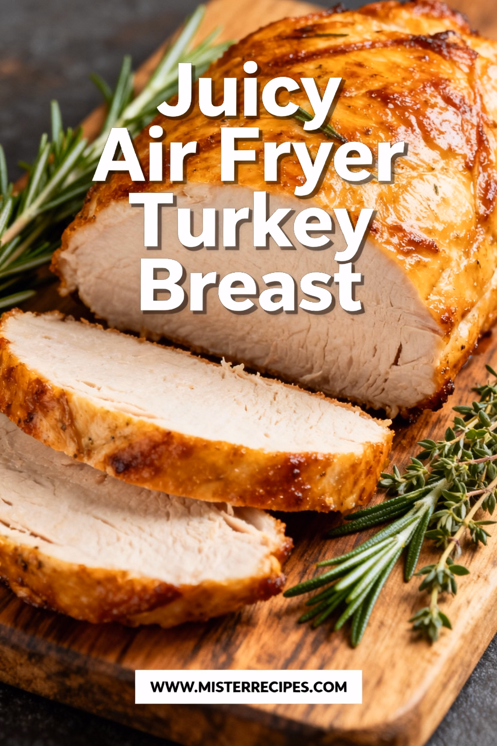 ingredients image of realistic and creative image showing the ingredients for Air Fryer Turkey Breast recipe including turkey breast seasoning olive oil and optional vegetables displayed artfully on a rustic wooden board with a bright background