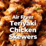 ingredients image of A flat lay of fresh ingredients for Air Fryer Teriyaki Chicken Skewers including boneless skinless chicken thighs soy sauce honey ginger garlic sesame oil rice vinegar and red pepper flakes with colorful bell peppers and red onion ready for skewering vibrant lighting clean white background high resolution