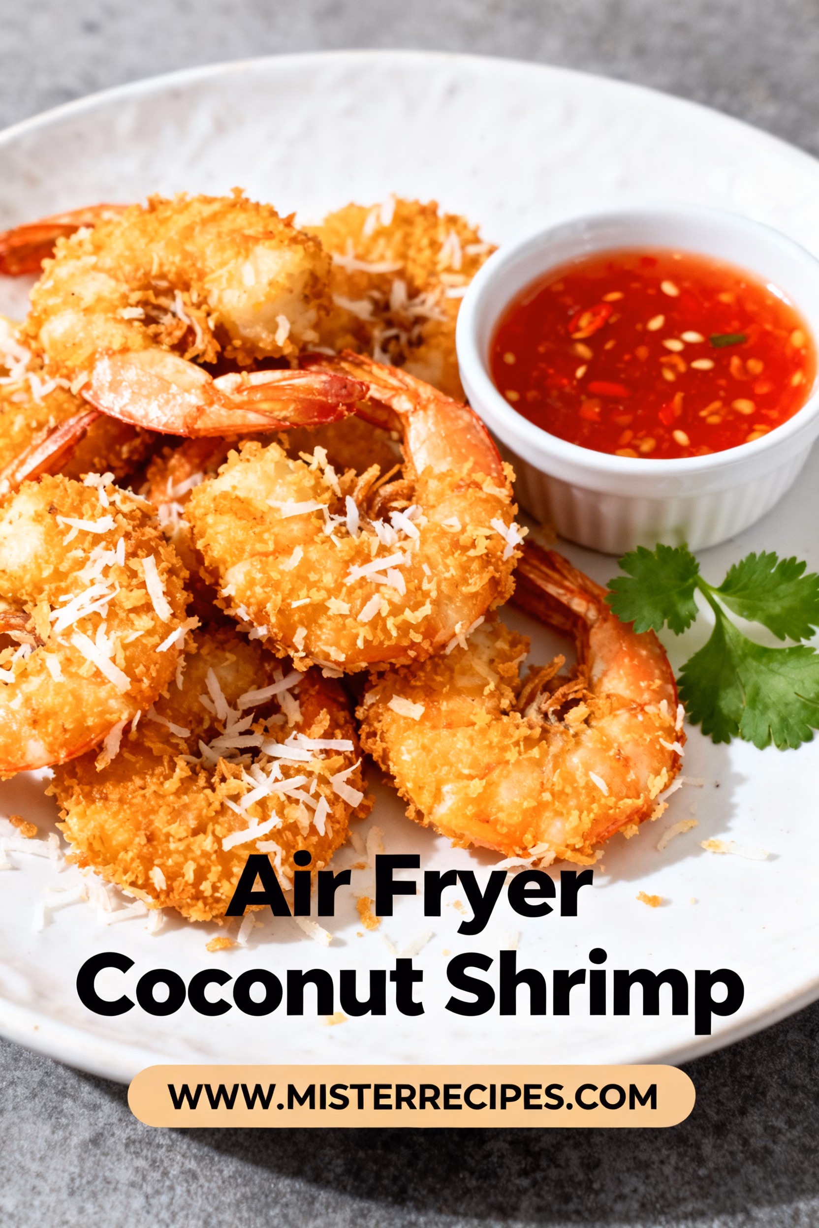 image of a flat lay shot of the ingredients for air fryer coconut shrimp including shrimp shredded coconut flour eggs panko breadcrumbs and a sweet chili dipping sauce arranged artfully on a rustic wooden board with some fresh lime wedges and cilantro garnishing the scene