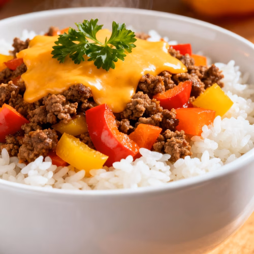 ingredients image of A realistic and creative image showing the ingredients for Unstuffed Pepper Bowls Ground beef bell peppers onion garlic diced tomatoes rice cheese herbs and spices neatly arranged on a wooden cutting board with good lighting and a shallow depth of field