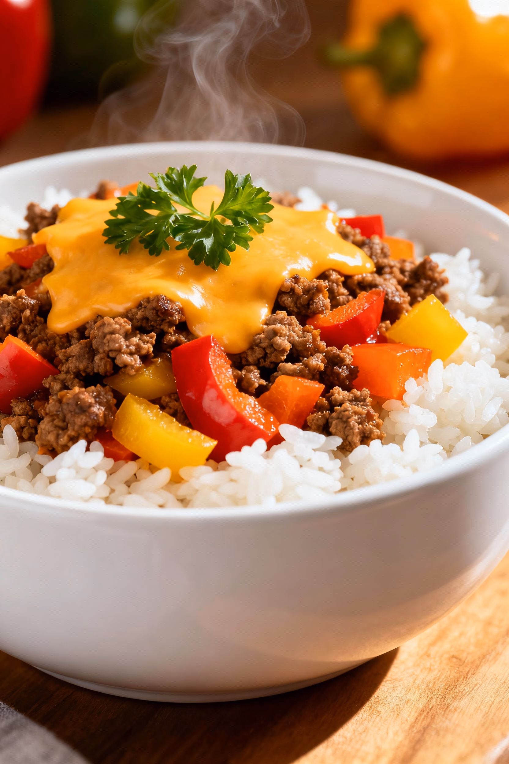 ingredients image of A realistic and creative image showing the ingredients for Unstuffed Pepper Bowls Ground beef bell peppers onion garlic diced tomatoes rice cheese herbs and spices neatly arranged on a wooden cutting board with good lighting and a shallow depth of field