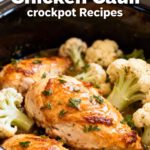 image of a close up shot from above of fresh ingredients for garlic herb chicken cauli Crockpot recipes arranged on a white marble kitchen counter with healthy clear glass bowls and rustic brown wooden kitchen sets under soft diffuse daylight