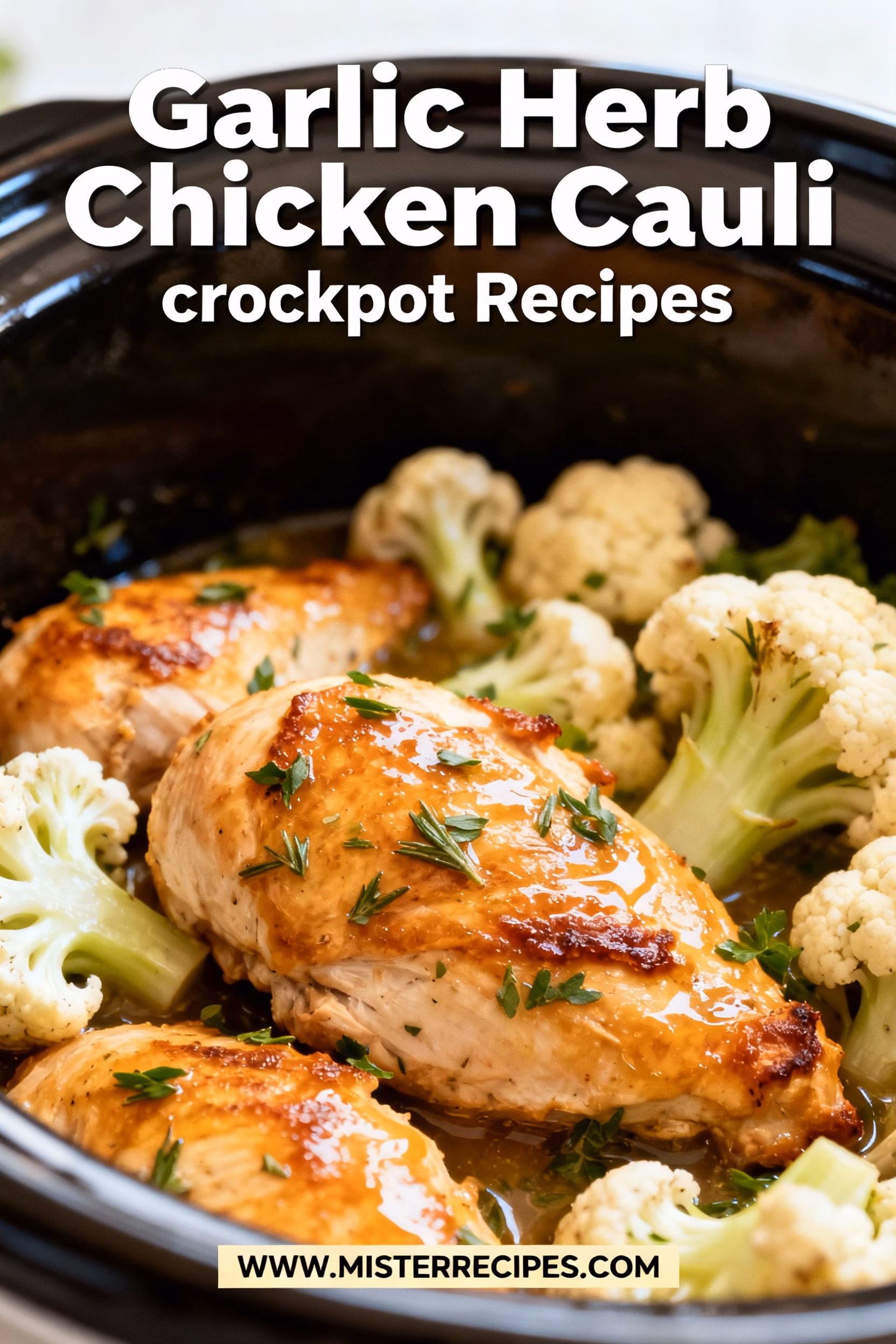 image of a close up shot from above of fresh ingredients for garlic herb chicken cauli Crockpot recipes arranged on a white marble kitchen counter with healthy clear glass bowls and rustic brown wooden kitchen sets under soft diffuse daylight