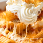 image of a realistic top down mise en place shot showing fresh ingredients like ziti pasta ricotta cheese marinara sauce mozzarella cheese parmesan cheese eggs garlic oregano basil salt and pepper arranged on a white marble kitchen counter with healthy clear glass bowls and rustic brown wooden kitchen sets under soft diffuse daylight