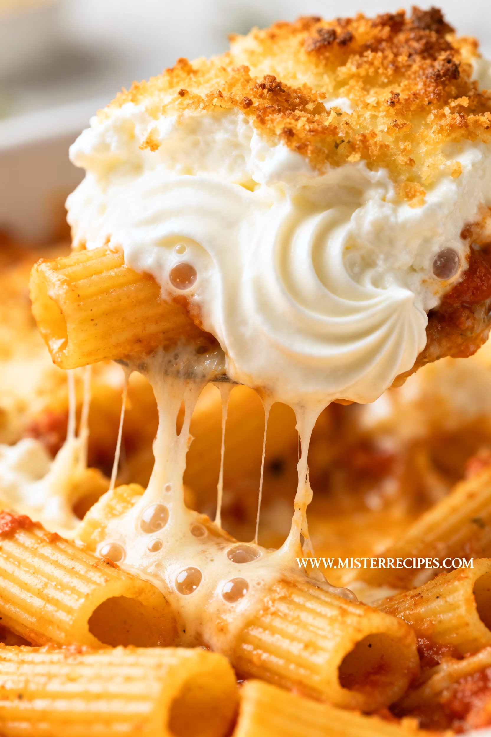 image of a realistic top down mise en place shot showing fresh ingredients like ziti pasta ricotta cheese marinara sauce mozzarella cheese parmesan cheese eggs garlic oregano basil salt and pepper arranged on a white marble kitchen counter with healthy clear glass bowls and rustic brown wooden kitchen sets under soft diffuse daylight