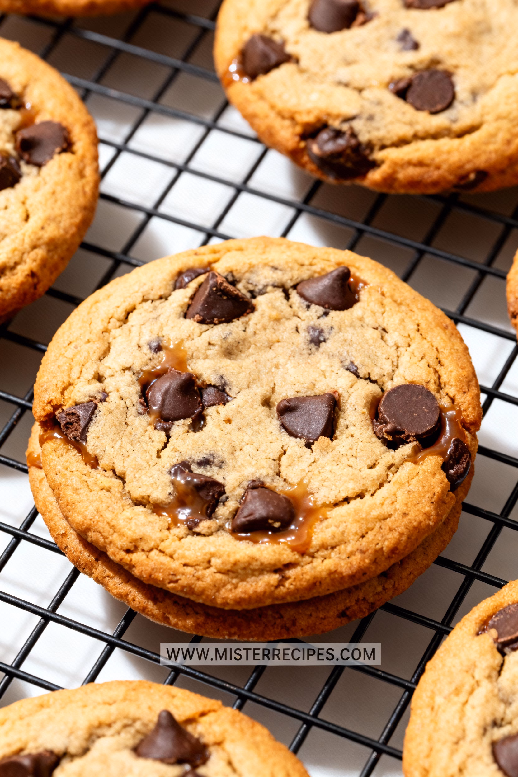image of realistic top down mise en place shot showing all purpose flour unsalted butter granulated sugar light brown sugar eggs vanilla extract baking soda salt semisweet chocolate chips bittersweet chocolate wafers dark chocolate chunks arranged in clear glass bowls on rustic brown wooden kitchen sets on white marble kitchen counter under soft diffuse daylight