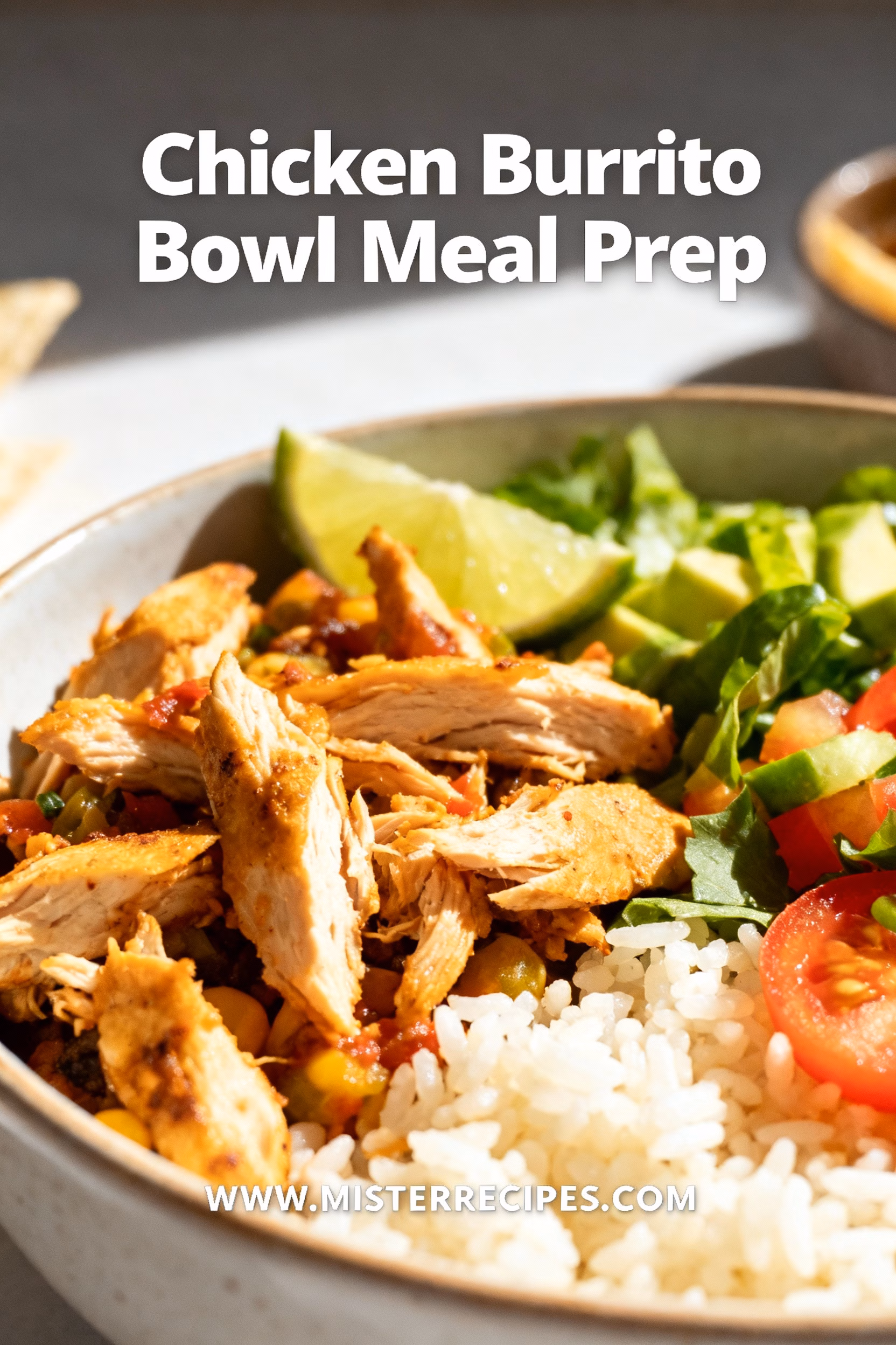 image of a flat lay of fresh ingredients for chicken burrito bowls including grilled chicken breast cooked rice black beans corn salsa avocado cilantro lime wedges and chipotle sauce on a rustic wooden background with natural lighting