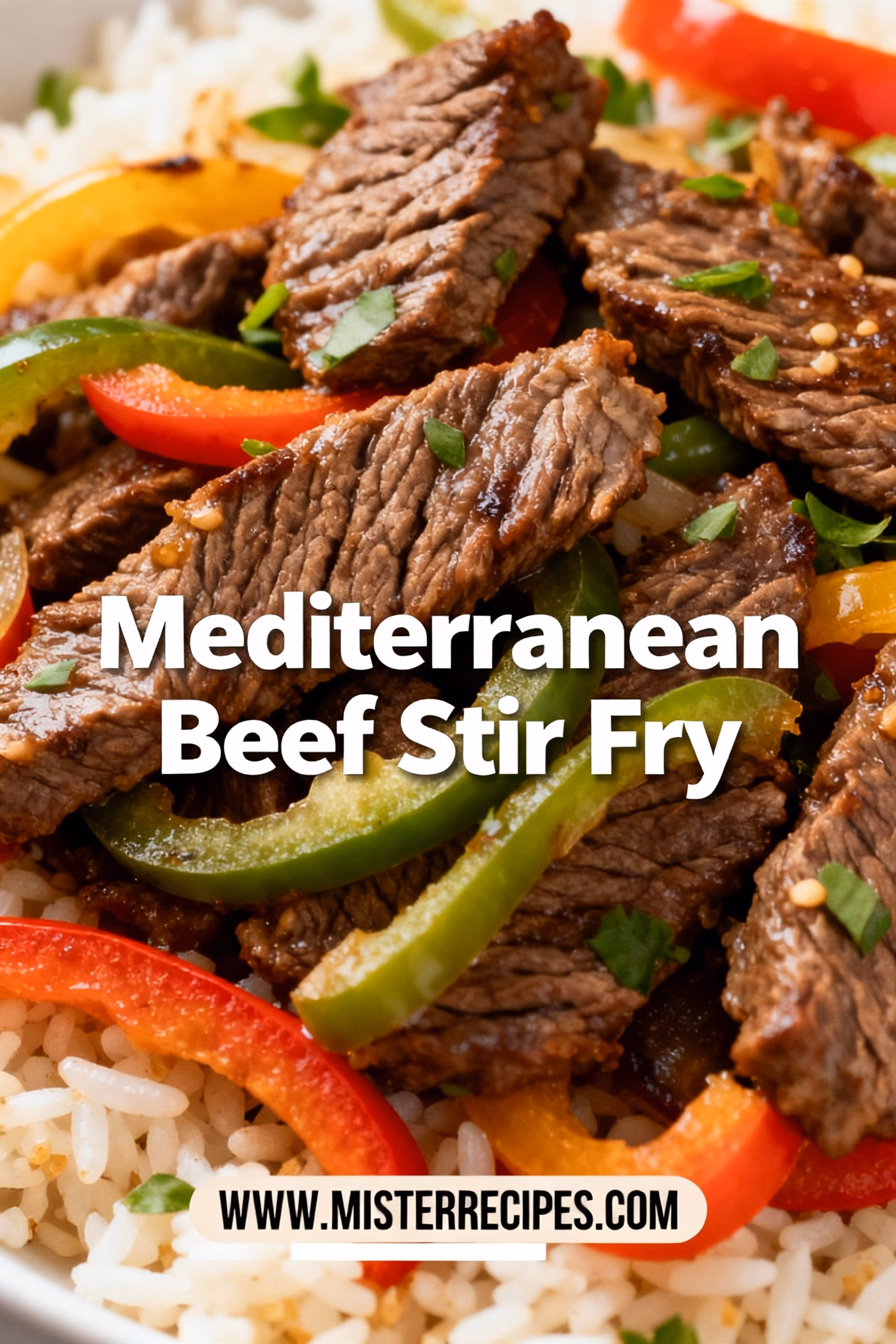 image of close up, Ingredients on a wooden table for Mediterranean Beef Stir Fry: beef strips, bell peppers, red onion, zucchini, cherry tomatoes, olives, feta cheese, fresh parsley, garlic, olive oil, lemon, oregano, salt, black pepper, and a bowl of cooked rice or couscous in the background, natural lighting, professional food photography, shallow depth of field