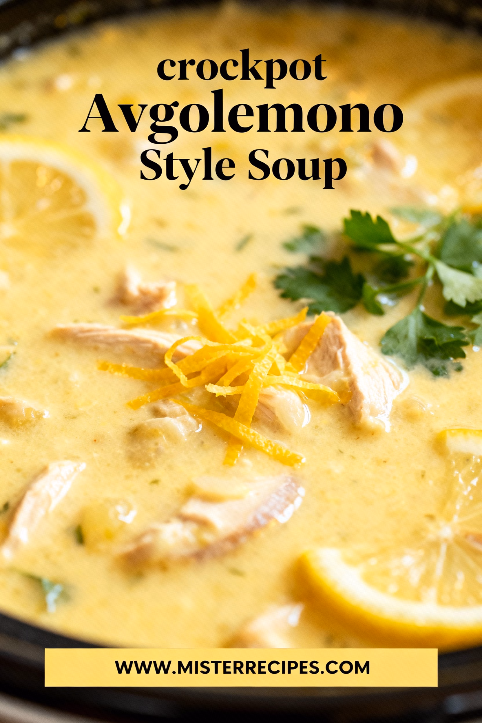 image of realistic and creative image showing the ingredients chicken broth or stock shredded chicken jasmine rice eggs lemon juice olive oil fresh dill salt black pepper of a crockpot avgolemono style soup on a rustic wooden table with natural lighting