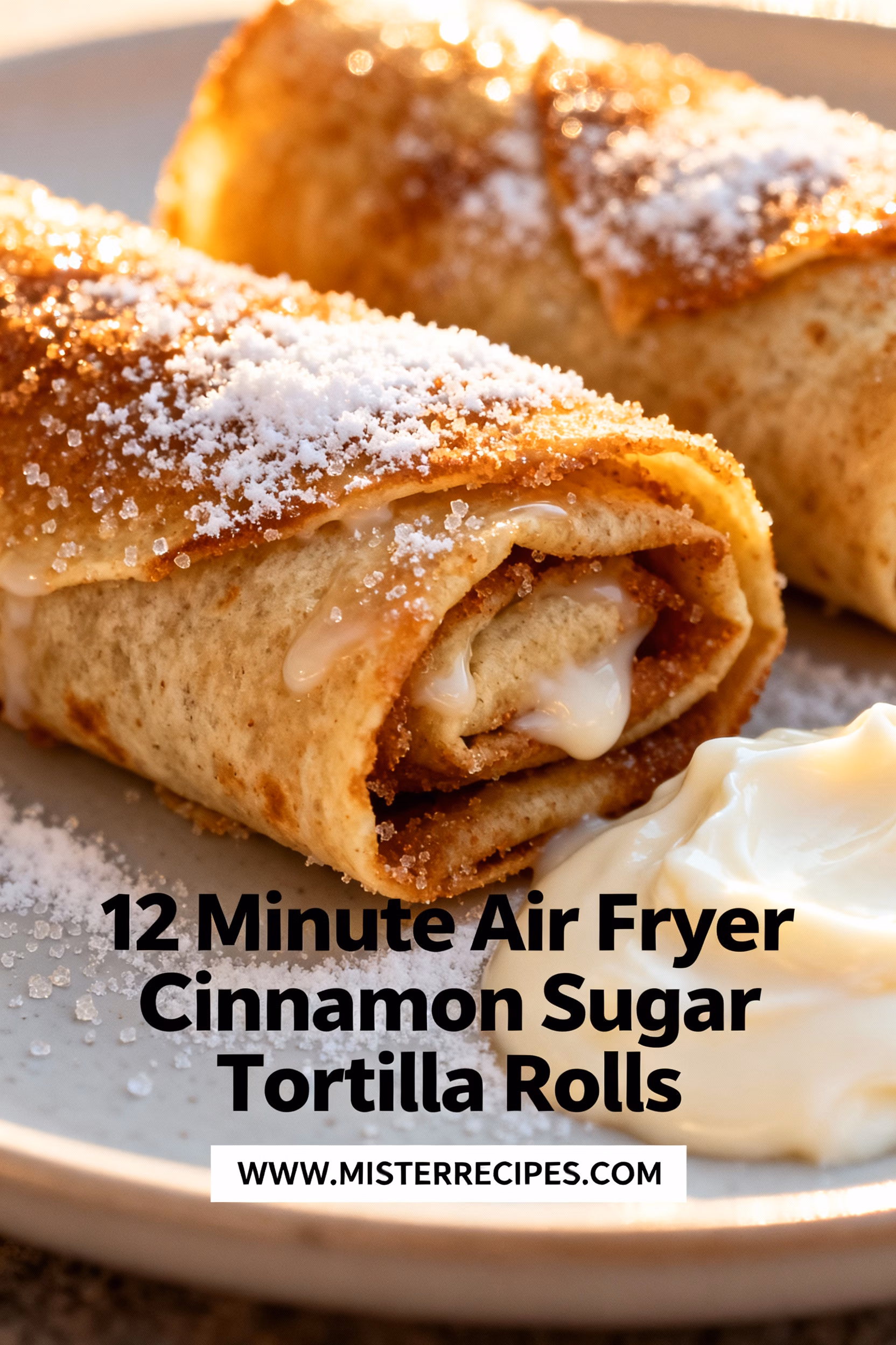 image of realistic top down mise en place shot showing fresh flour tortillas melted butter cinnamon powder granulated sugar confectioners sugar cream cheese vanilla extract brown sugar cooking spray orange zest chocolate chips peanut butter avocado oil spray parchment paper arranged on white marble kitchen counter with healthy clear glass bowls and rustic brown wooden kitchen sets under soft diffuse daylight