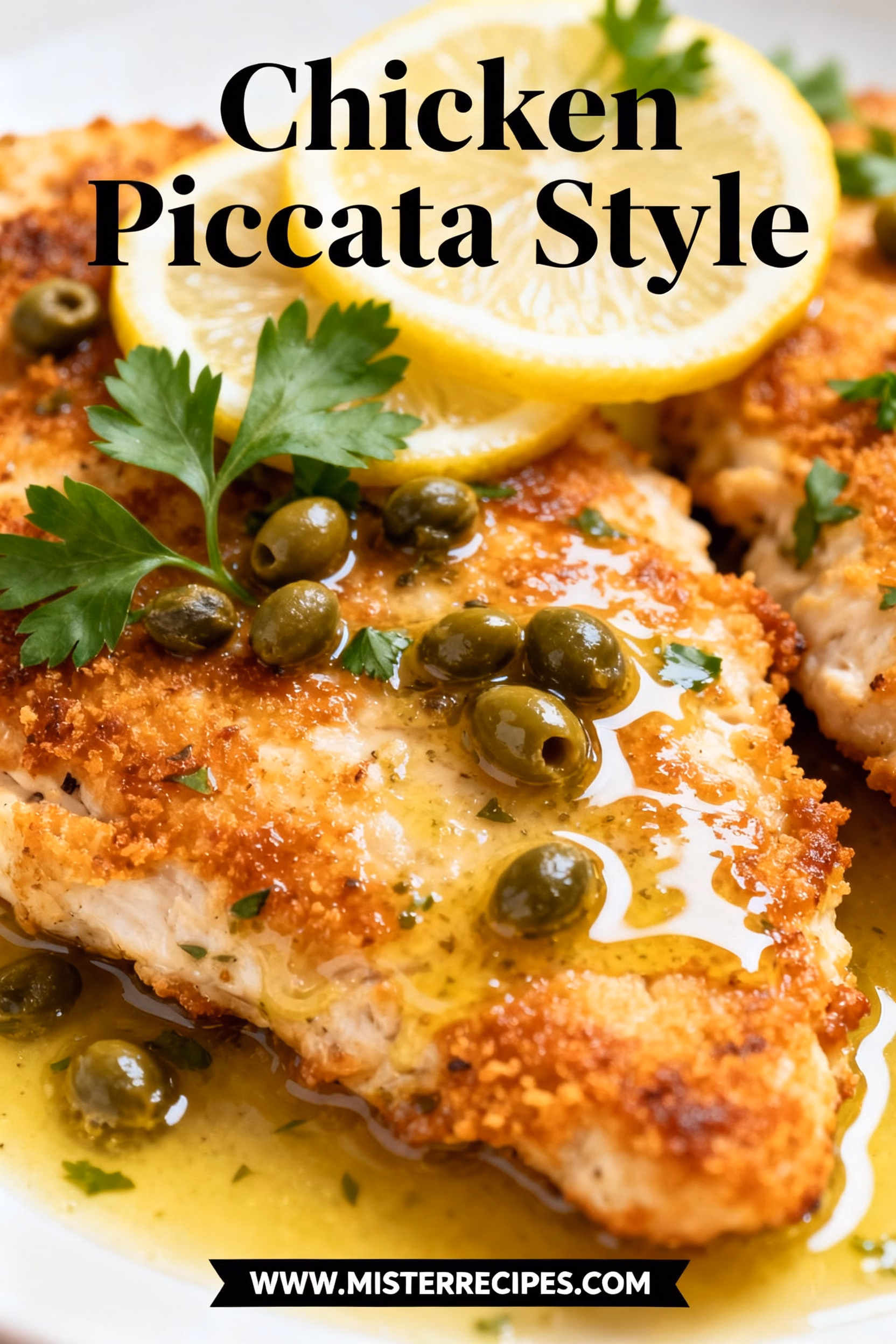 image of a stunning top down mise en place shot showing the fresh ingredients for Chicken Piccata Style arranged on a white marble kitchen counter with healthy clear glass bowls and rustic brown wooden kitchen sets under soft diffuse daylight