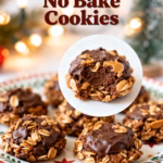 ingredients image of A flat lay of ingredients for no bake oatmeal cookies on a rustic wooden table featuring rolled oats cocoa powder sugar milk butter peanut butter and vanilla extract with a sprinkle of salt arranged aesthetically with a focus on natural lighting and warm tones
