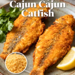 image of realistic and creative image showing ingredients for Air Fryer Cajun Catfish: catfish fillets cajun seasoning olive oil cornmeal flour garlic powder onion powder paprika salt black pepper lemon wedges fresh parsley