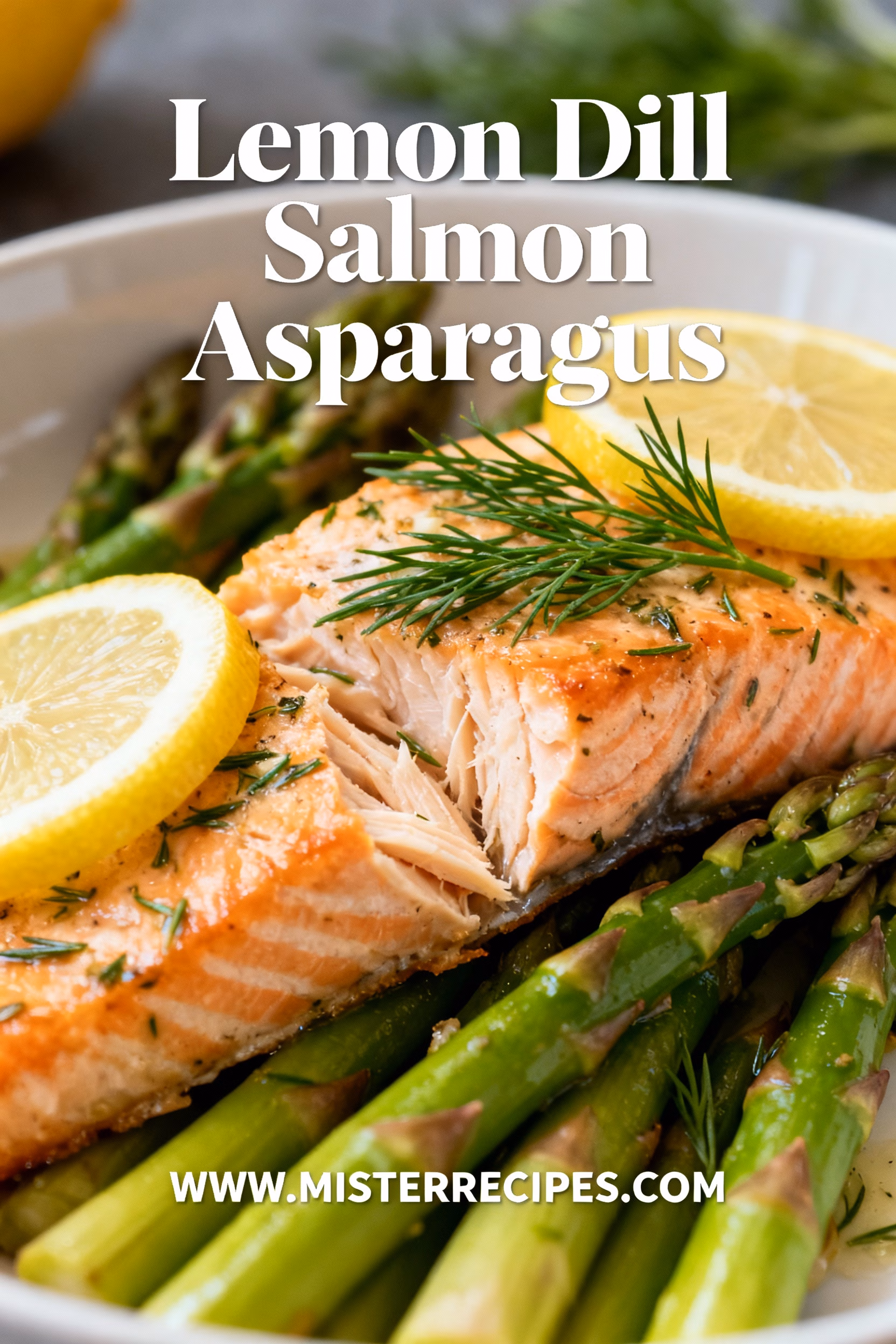 image of a realistic top down mise en place shot showing the fresh ingredients for Lemon Dill Salmon and Asparagus arranged on a white marble kitchen counter with healthy clear glass bowls and rustic brown wooden kitchen sets under soft diffuse daylight