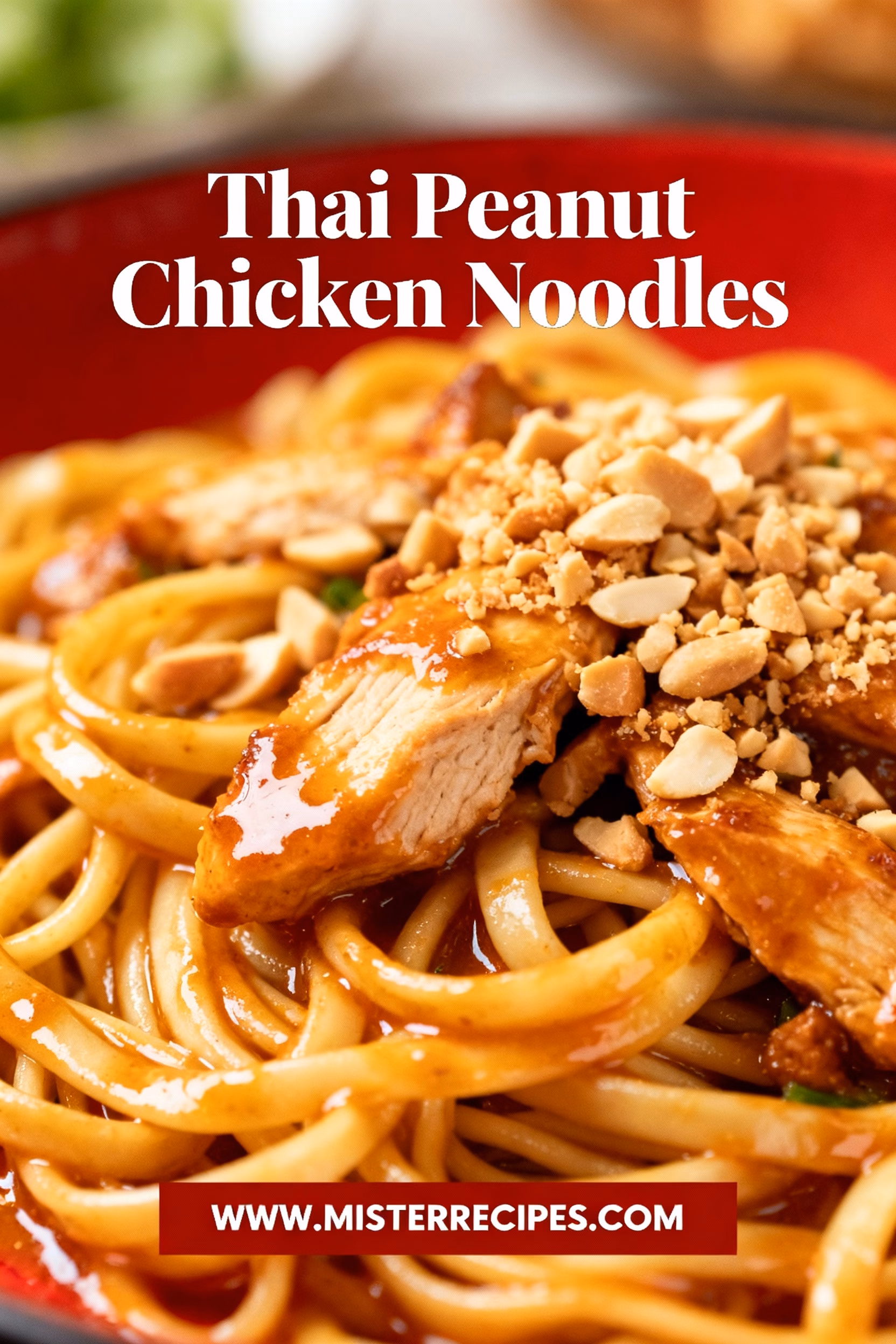 image of a beautifully arranged flat lay photograph of all the individual ingredients for Thai Peanut Chicken Noodles including chicken breast noodles peanut butter soy sauce lime juice honey ginger garlic red pepper flakes bell peppers carrots and cilantro on a rustic wooden background with soft natural lighting and a shallow depth of field