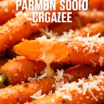 image of A realistic image of fresh, vibrant carrots, some peeled and cut into uniform pieces, a block of Parmesan cheese with some grated alongside, a bottle of olive oil, fresh herbs like parsley or thyme, and a small bowl of garlic powder, all arranged neatly on a rustic wooden cutting board with soft, natural lighting