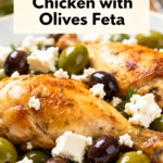 image of a Mediterranean Chicken with Olives and Feta recipe ingredients laid out on a rustic wooden table under natural light