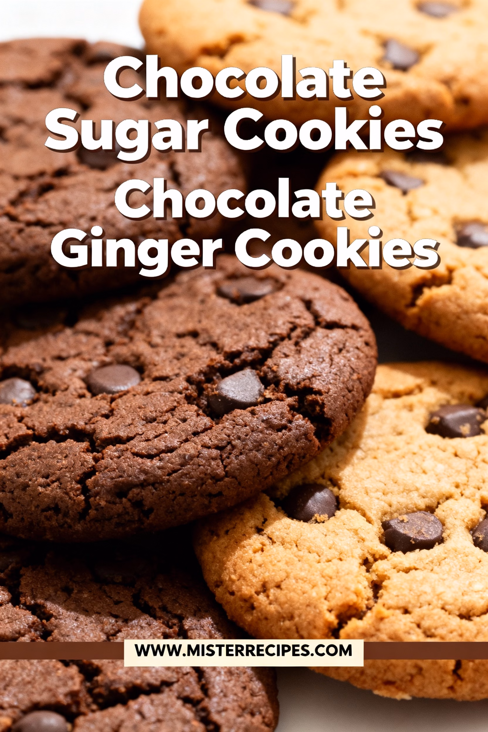 image of a top down mise en place shot showing the fresh ingredients for chocolate sugar cookies and chocolate ginger cookies arranged on a white marble kitchen counter with healthy clear glass bowls and rustic brown wooden kitchen sets under soft diffuse daylight
