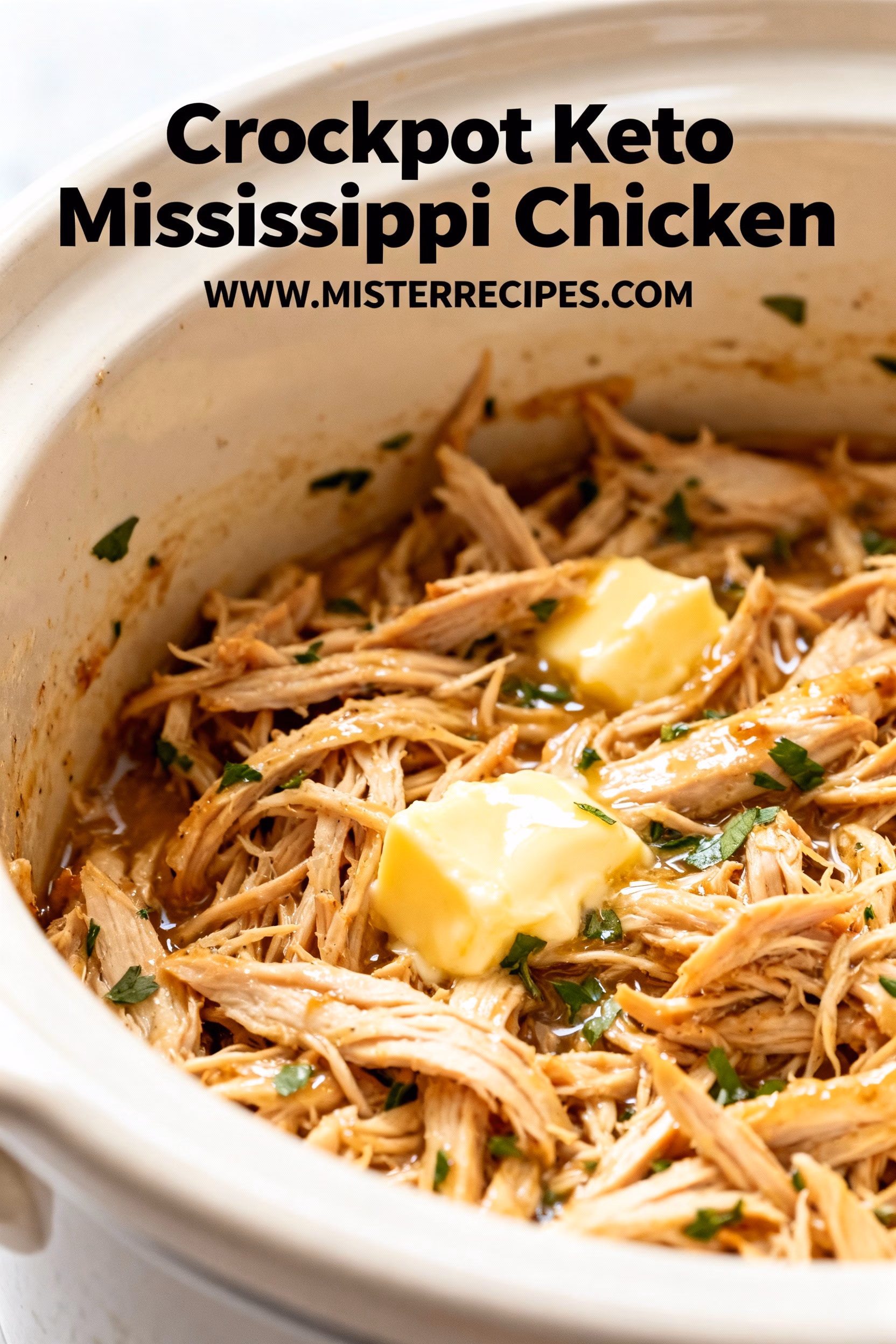 image of a top down mise en place shot showing the fresh ingredients for crockpot Keto Mississippi Chicken arranged on a white marble kitchen counter with healthy clear glass bowls and rustic brown wooden kitchen sets under soft diffuse daylight