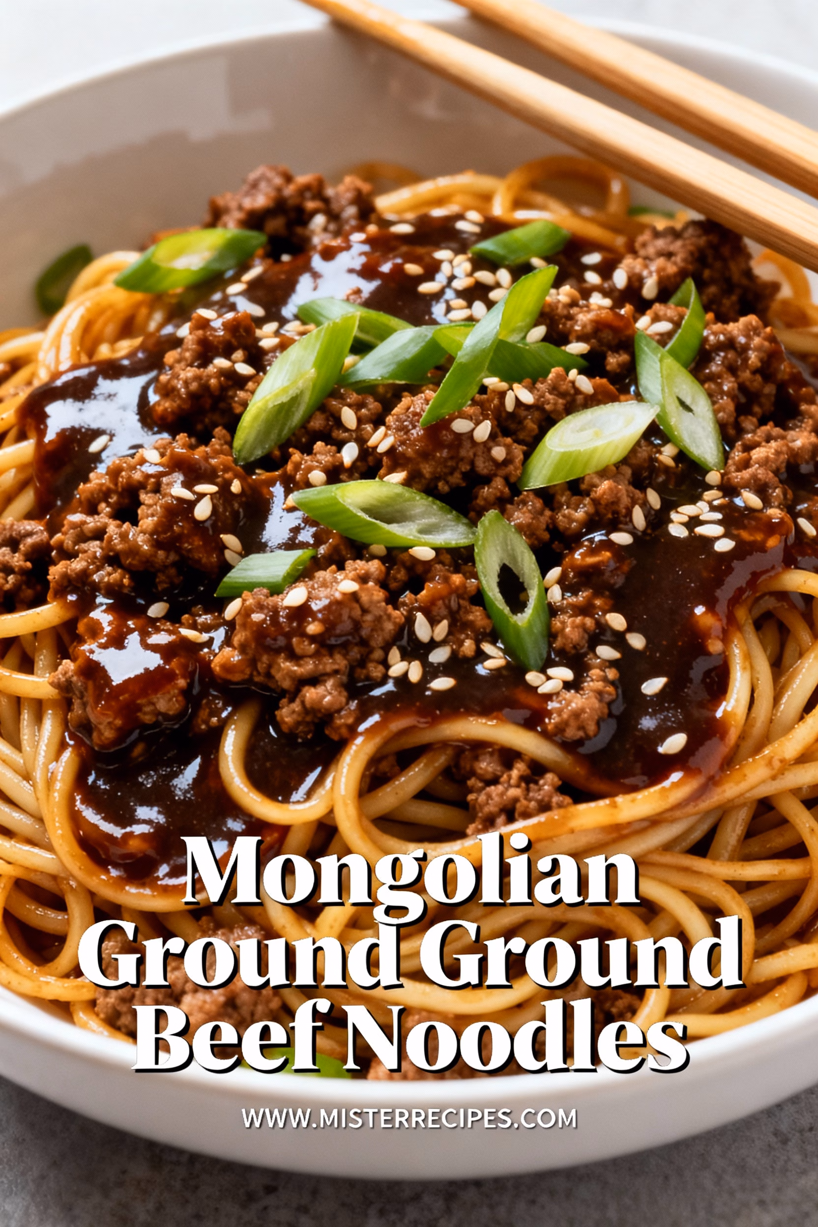 image of realistic top down mise en place shot showing fresh lean ground beef linguine noodles soy sauce brown sugar garlic ginger green onions beef broth hoisin sauce sesame oil red pepper flakes cornstarch sesame seeds arranged on white marble kitchen counter with healthy clear glass bowls and rustic brown wooden kitchen sets under soft diffuse daylight