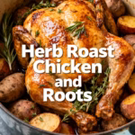 ingredients image of a rustic wooden table spread with fresh ingredients for herb roast chicken and roots including a whole raw chicken fresh rosemary thyme garlic carrots potatoes and red onions a lemon and olive oil