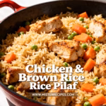 image of a top down mise en place shot showing fresh ingredients for chicken and brown rice pilaf arranged on a white marble kitchen counter with healthy clear glass bowls and rustic brown wooden kitchen sets under soft diffuse daylight