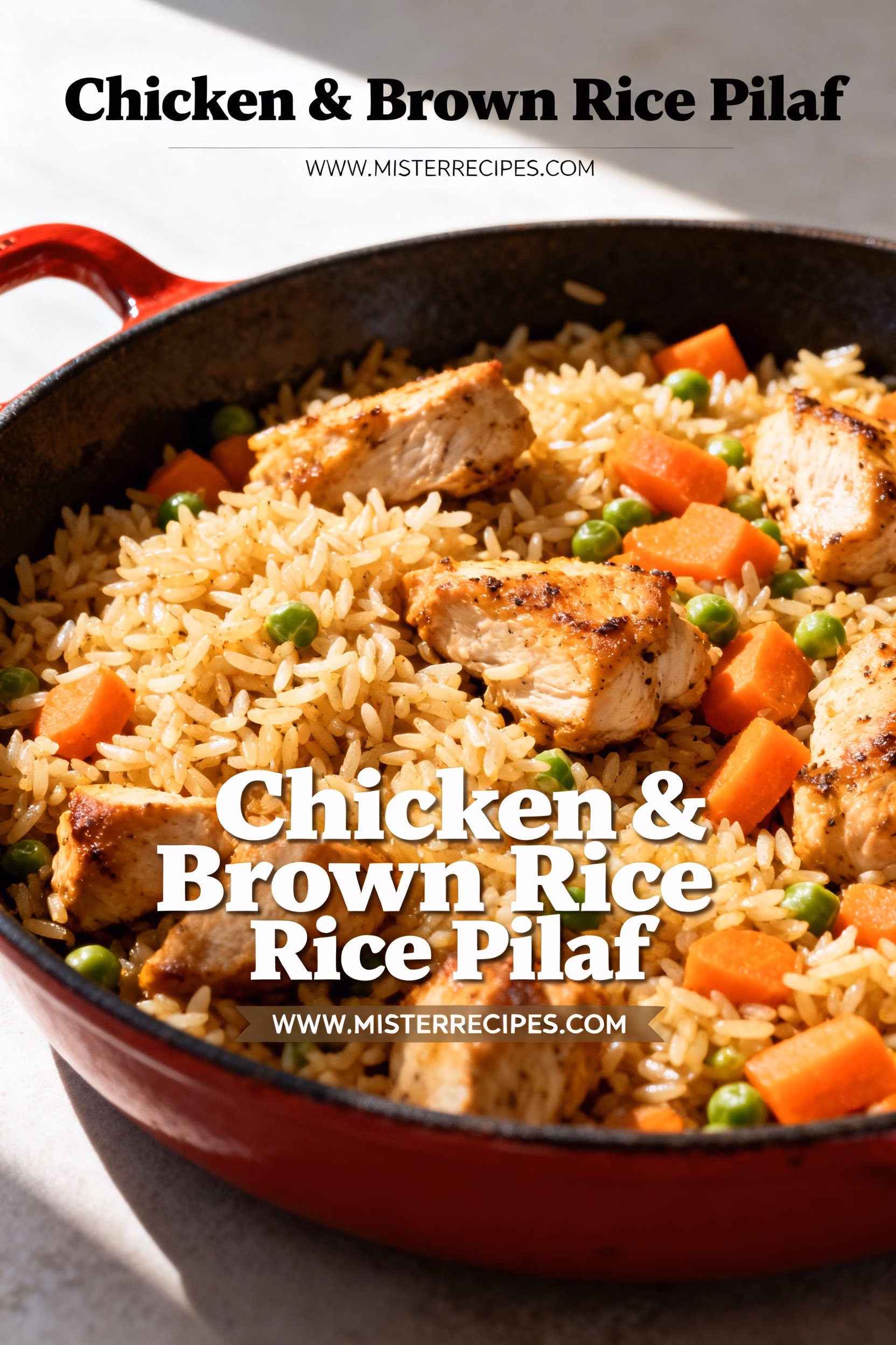 image of a top down mise en place shot showing fresh ingredients for chicken and brown rice pilaf arranged on a white marble kitchen counter with healthy clear glass bowls and rustic brown wooden kitchen sets under soft diffuse daylight