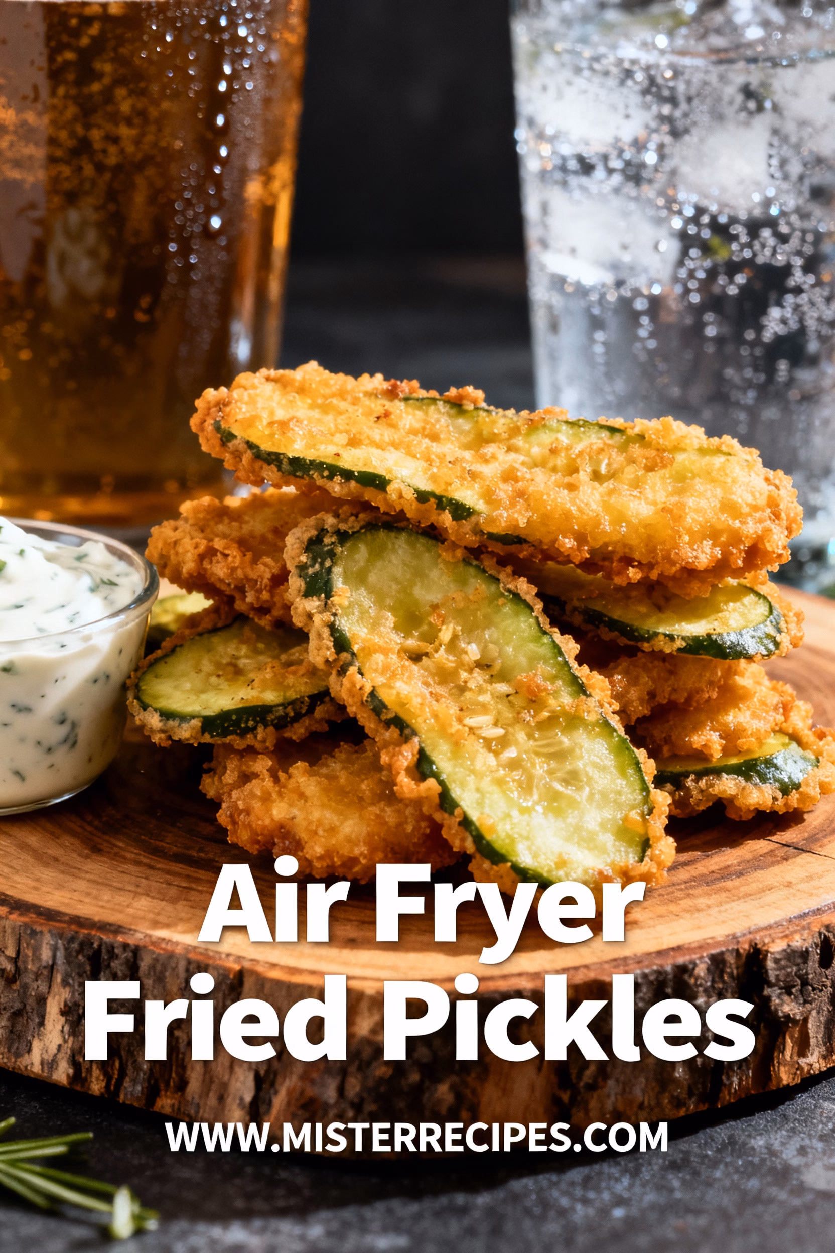 image of a flat lay of ingredients for air fryer fried pickles including sliced pickles flour breadcrumbs eggs and a bottle of hot sauce on a wooden background with natural light hyperrealistic detailed