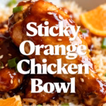 ingredients image of A beautifully arranged flat lay of fresh ingredients for Sticky Orange Chicken Bowl chicken breasts oranges soy sauce honey ginger garlic rice vinegar cornstarch green onions sesame seeds all in natural light on a rustic wooden background with a hint of an Asian-inspired textile in the corner high detail realistic and vibrant colors