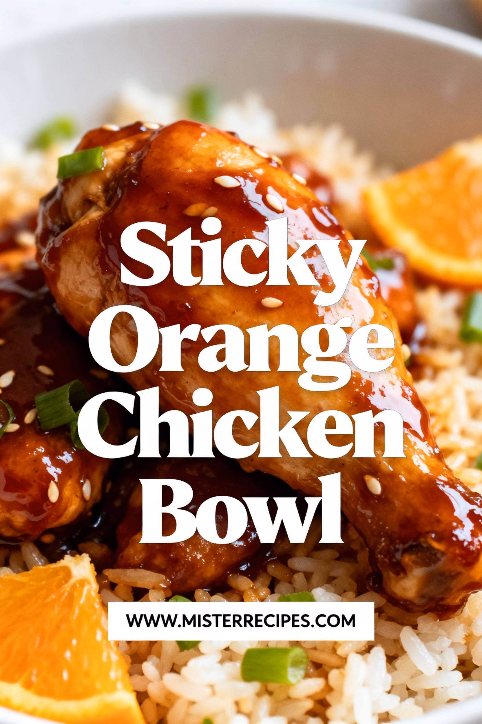 ingredients image of A beautifully arranged flat lay of fresh ingredients for Sticky Orange Chicken Bowl chicken breasts oranges soy sauce honey ginger garlic rice vinegar cornstarch green onions sesame seeds all in natural light on a rustic wooden background with a hint of an Asian-inspired textile in the corner high detail realistic and vibrant colors