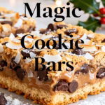 ingredients image of Top-down shot of a rustic wooden table displaying the ingredients for Magic Cookie Bars: a can of condensed milk, a bowl of chocolate chips, a pile of shredded coconut, a box of graham cracker crumbs, and a stick of butter. Soft, natural lighting. Shallow depth of field.