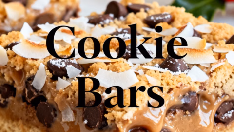 ingredients image of Top-down shot of a rustic wooden table displaying the ingredients for Magic Cookie Bars: a can of condensed milk, a bowl of chocolate chips, a pile of shredded coconut, a box of graham cracker crumbs, and a stick of butter. Soft, natural lighting. Shallow depth of field.