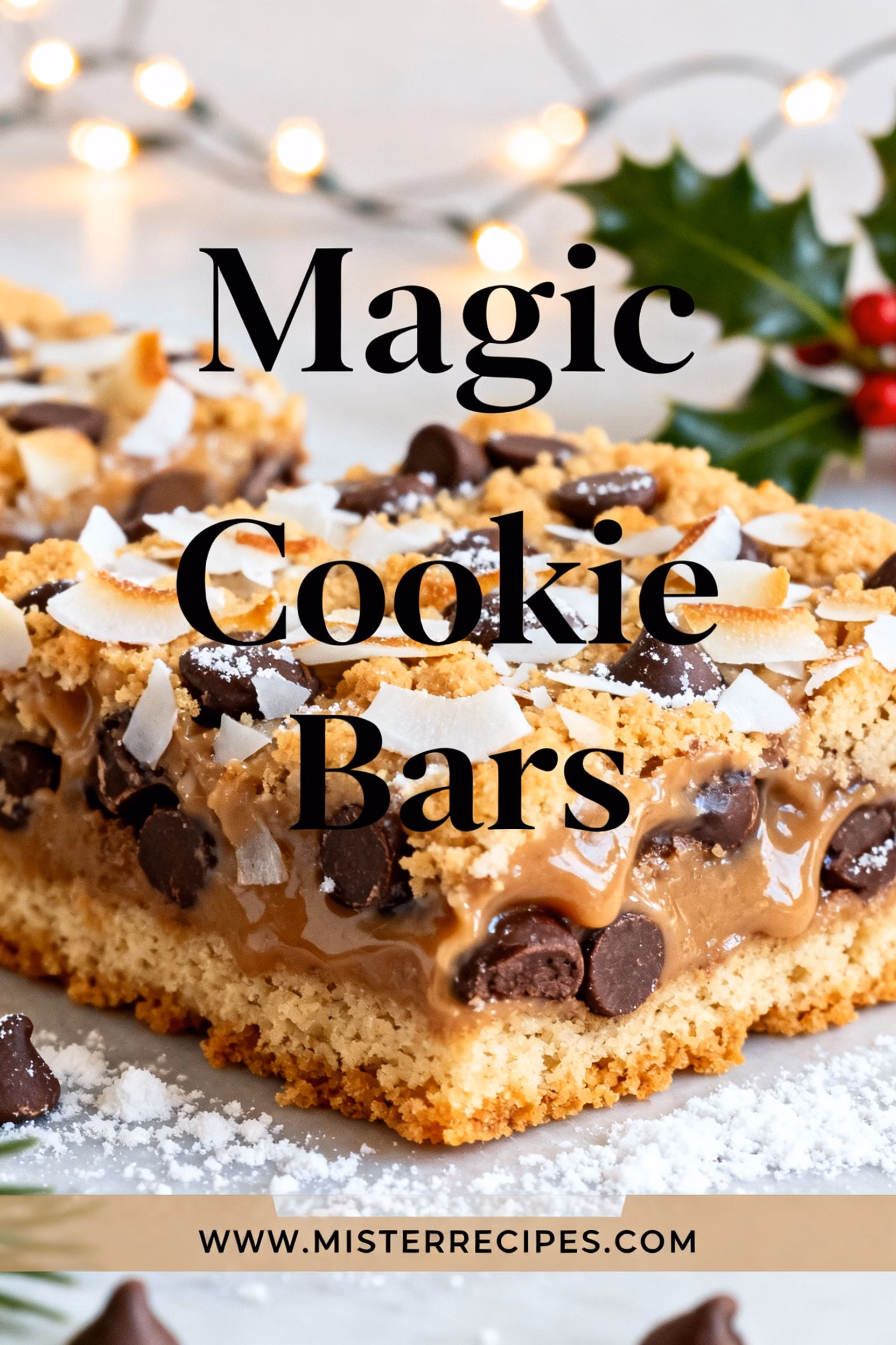 ingredients image of Top-down shot of a rustic wooden table displaying the ingredients for Magic Cookie Bars: a can of condensed milk, a bowl of chocolate chips, a pile of shredded coconut, a box of graham cracker crumbs, and a stick of butter. Soft, natural lighting. Shallow depth of field.