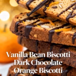 ingredients image of a stunning overhead shot of all the ingredients for vanilla bean biscotti dark chocolate orange biscotti arranged artfully on a rustic wooden board capturing the vibrant colors and textures of vanilla beans dark chocolate orange zest almonds flour sugar eggs and baking powder with soft natural lighting and a shallow depth of field